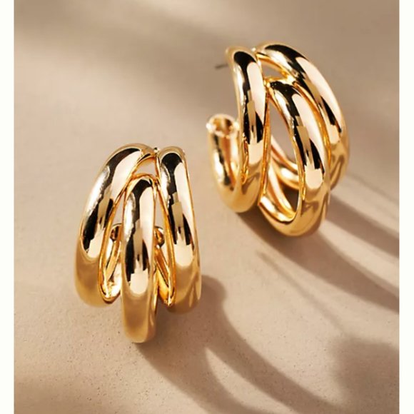 Anthropologie Jewelry - NEW ~ Anthropologie Gold Triple Hoop Huggie Earrings